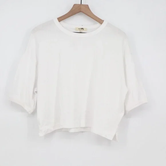 Madewell Crop T-Shirt Women Medium White Cotton Short Sleeve Side Slit Crew Neck - Picture 2 of 7